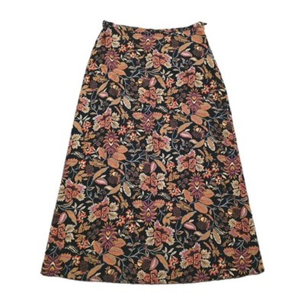 Vintage Floral Corduroy Midi Skirt Womens 8 Orange Boho Fall Paisley Artsy